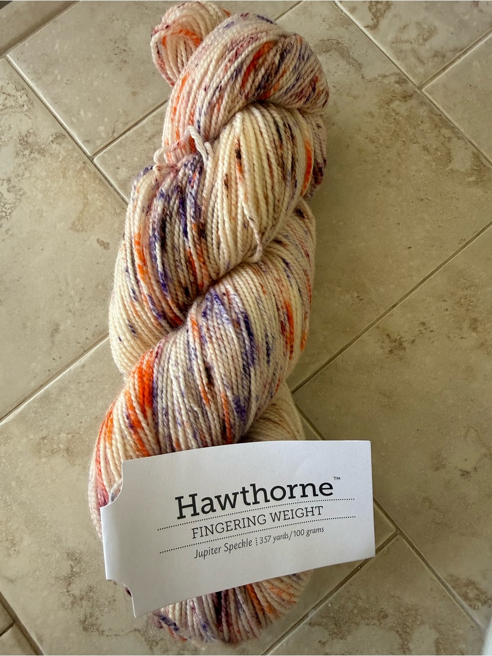 Hawthorne Fingering Weight Yarn - Jupiter Speckle Cream with Orange & Purple